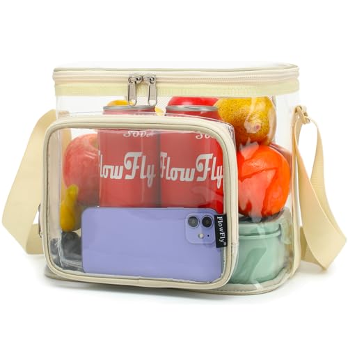 FlowFly Insulated Reusable Lunch Bag Adult Large Lunch Box for Women and Men with Adjustable Shoulder Strap,Front Zipper Pocket and Dual Large Mesh Side Pockets,Clear#Biege - color: Clear#Biege