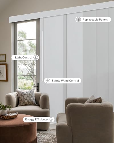 Graywind Manual Sliding Panels Light Filtering Privacy Panel Track Blinds Wand Control Window Blinds for Patio Sliding Glass Door Large Windows Width Up to 153", Custom Size (Jacquard White) - color: Dimout Jacquard White