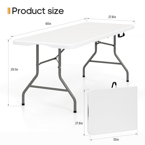 5ft Folding Table Heavy Duty 350 LBS Capacity Foldable Table with 18% Thicker HDPE Waterproof Top & Reinforced Steel Frame, Portable Fold-in-Half Table for Outdoor Indoor Party Wedding Camping - color: White, size: 5Ft
