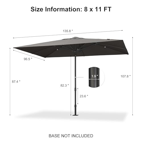 PURPLE LEAF 11' x 8' Rectangular Semi-Auto Outdoor Patio Umbrella Aluminium Market Umbrella Table Sun Umbrella with 1.89" Rod and 8 Sturdy Ribs for Deck Lawn Pool Garden, Gray - color: Gray, size: 8' x 11'