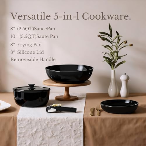Pots and Pans Set Non Stick, Ceramic Cookware Set Detachable Handle, RV Camping Kitchen Cooking Set Removable Handles, Dishwasher/Oven/Fridge Safe, Induction, Space Saving，Black Gold - color: Black/Gold