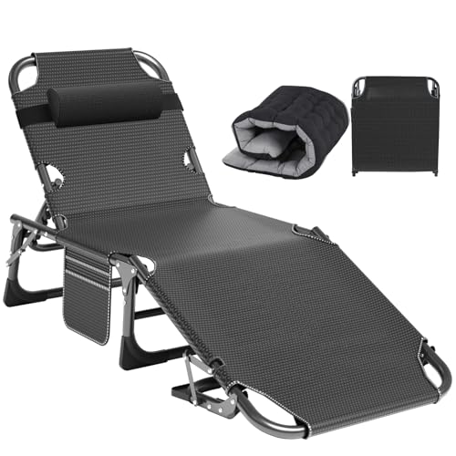 ABORON Heavy Duty Tanning Chair, 5-Gear Outdoor Folding Chaise Lounge Chair with Cushion,Portable Beach Lounge Chair for Outdoor Sunbathing Patio Pool Lawn Deck Poolside - color: Coal Black, style: Lounge Chair