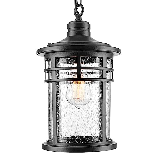 Darkaway Large Outdoor Pendant Lights, 15inch Outdoor Chandelier Hanging Porch Lights Outside Ceiling Mount Aluminum with Seeded Glass for Front Door Gazebo Patio (Large, Black) - color: Black, size: Large Size