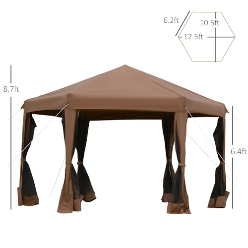Outsunny 13' x 11' Hexagonal Pop Up Gazebo, Heavy Duty Outdoor Canopy Tent with 6 Mesh Sidewall Netting, 3-Level Adjustable Height and Strong Steel Frame, Brown - color: Brown