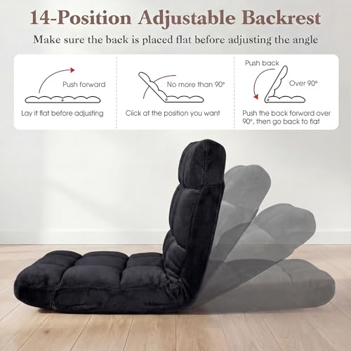 Giantex Folding Floor Chair with Back Support, 14 Adjustable Position, Padded Sleeper Bed, Couch Recliner, Gaming Video Chairs for Adults, Meditation, Living Room (Black) - color: Black, size: 26"x21"x21"