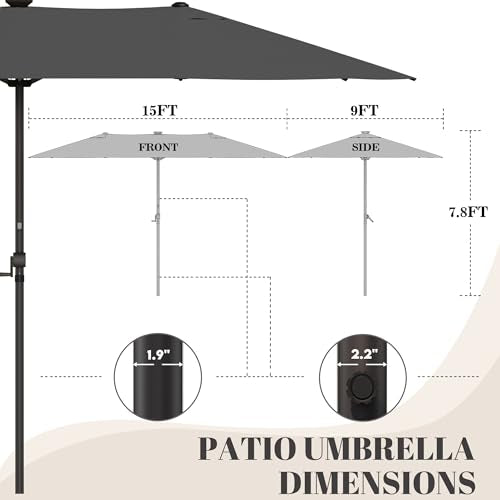 GDPFN 15ft Rectangular Patio Umbrella with Solar LED Lights, Double-Sided Outdoor Market Umbrella Extra Large Shade for Pool, Deck, Backyard, Garden, Dark Gray (Base Not Include) - color: Dark Gray, size: With Led