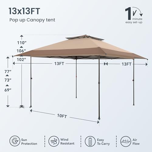PHI VILLA 13x13 Pop up Canopy Tent Instant Outdoor Easy One Push Tent with Wheeled Carry Bag, Straight Legs 169 Square Feet of Shade, Brown, Steel Frame, 150D Oxford Cloth - color: Beige