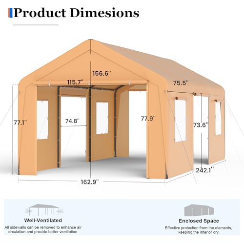 Carport, 13‘ x 20’ Heavy Duty Portable Garage All-Season Car Canopy w/Removable Sidewall & Doors, Carport Canopy Party Tent w/Water-Resistant Tarp for Backyard (Yellow) - color: Yellow, size: 13' x 20' /with side