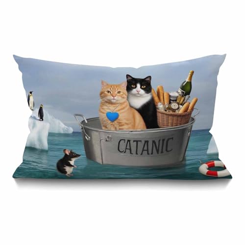 Smooffly Funny Cats hrow Pillow Cover, The Two Brave Cats are Drifting in The Steel Waist Lumbar Cotton Linen Throw Pillow case Cushion Cover for Sofa Home Decorative Oblong 12x20 Inches - color: Swn12