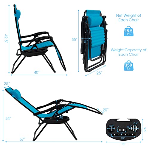 Goplus Zero Gravity Lounge Chairs, 160°Adjustable Folding Recliner w/Pillow and Cup Holder, 350LBS Comfy Outdoor Lounge Chairs for Patio, Lawn, Yard & Camp(Set of 2, Light Blue) - color: Light Blue, size: 35.4" x 25.2" x 43.3" (Set of 2)