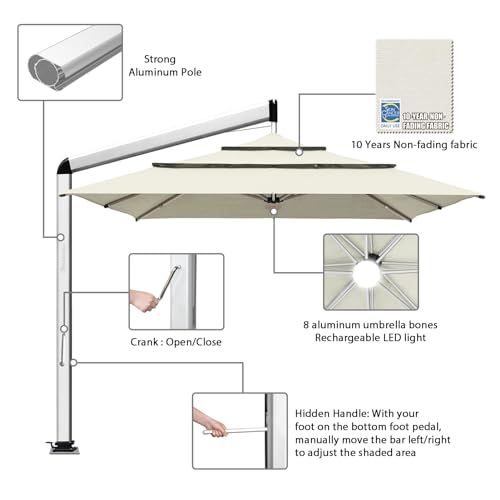 EliteShade USA Atlas 3-Tier 10x10FT Full Aluminum Cantilever Patio Umbrella for Outdoor Restaurant Garden Courtyard Deck Pool and Marketing with Light (No battery), Natural - color: Natural, style: 10FT Atlas