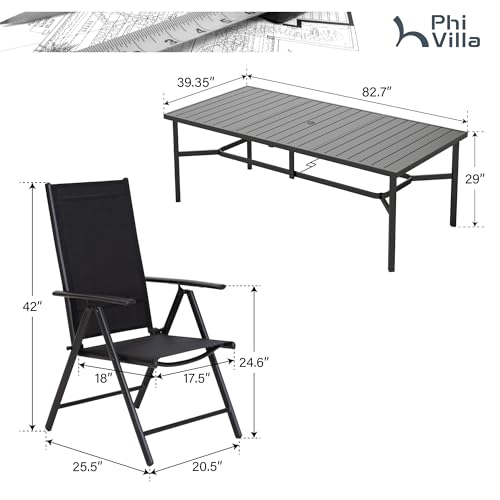 PHI VILLA 9 Piece Patio Dining Set, Patio Furniture Outdoor Dining Set with Adjustable Portable Patio Folding Chairs (Black) & Large Patio Dining Table for Yard, Garden and Deck - color: Black, size: 9 Piece Rectangle
