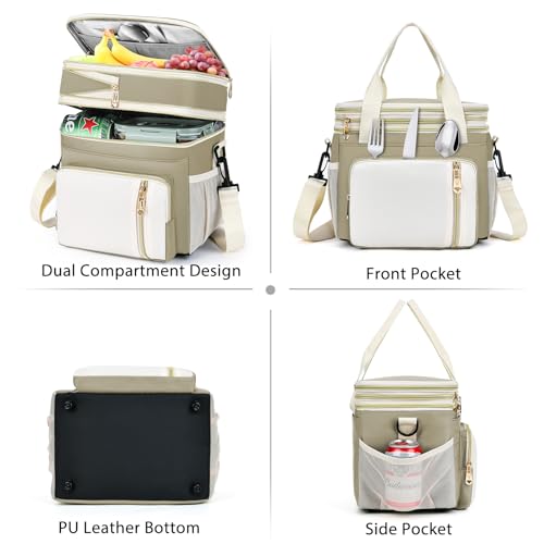 Lunch Box & Lunch Bag for Women Men, Large Insulated Adult Lunch Box Leakproof Lunchbox Cooler Bag for Work Picnic Beach,16L, Beige & White - color: Sand Beige