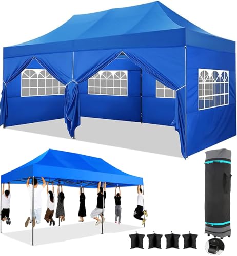 COBIZI 10x20 Heavy Duty Pop Up Canopy Tent with 6 Sidewalls Thicken Frame, Commercial Easy Up Outdoor Wedding Party Tents, All Season Waterproof Windproof with Stakes Sandbags Ropes Roller Bag, Denim - color: Denim, size: 10x20