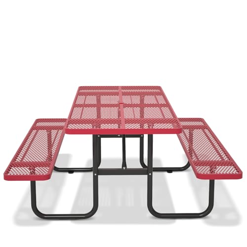 72'' Steel Rectangular Metal Picnic Table for Outdoors, Commercial Picnic Table with Umbrella Hole of Up to 1-1/2" Diameter, for Garden Courtyard BBQ, Red - color: Red