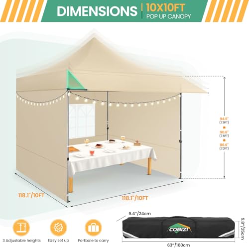 COBIZI 10x20 Pop up Heavy Duty Canopy Tent, Commercial Instant Canopies with Sturdy Awning, Outdoor Canopies for Market, Event, Khaki - color: Khaki, size: 10x10FT with 3 Sidewalls & 1 Awning Cloth