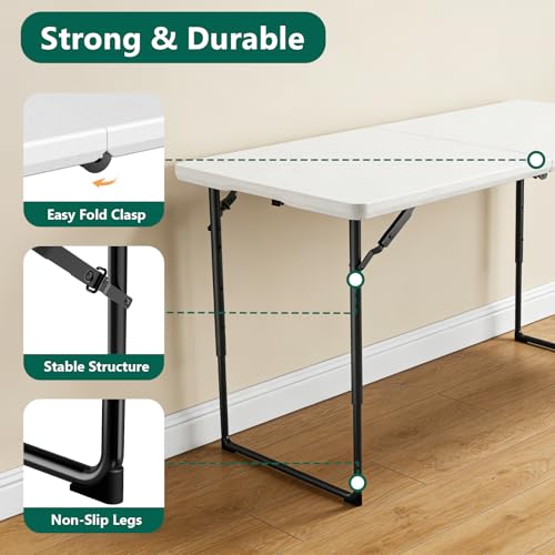 Folding Table 48" x 24" - Heavy Duty Fold-in-Half Plastic Table with Adjustable Height, Portable Utility Tables with Steel Legs for Indoor, Outdoor, Picnic, Camping, Dining, Party (White) - color: White, size: 48in x 24in
