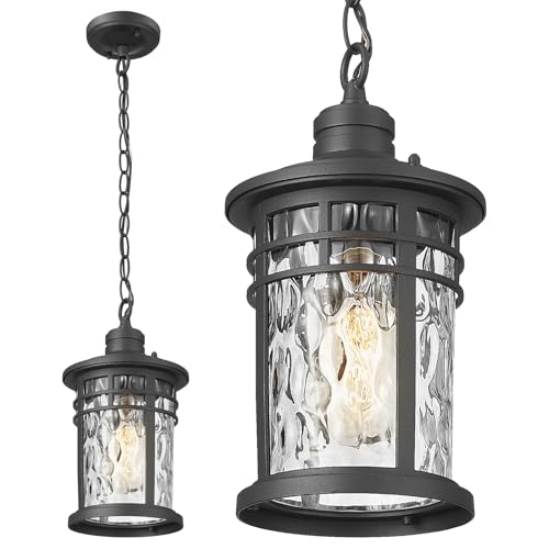 Darkaway Outdoor Pendant Lights for Porch, Outdoor Chandelier Hanging Porch Lights Outside Ceiling Mount Aluminum with Water Ripple Glass for House Gazebo Patio - color: Black-Water Ripple Glass, size: Medium Size