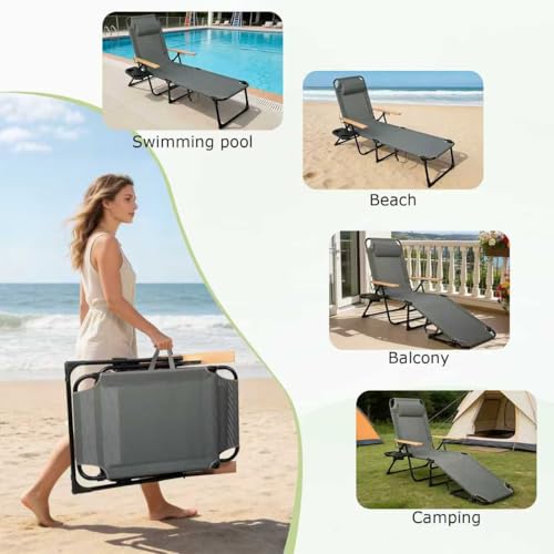 Foldable Chaise Lounge Chair Outdoor, Tanning Chair with 4-Position Reclining Back, Folding Sun Lounger, Outdoor Lounge Chair for Beach, Poolside, Backyard, Camping, UPF 50 - color: Grey3