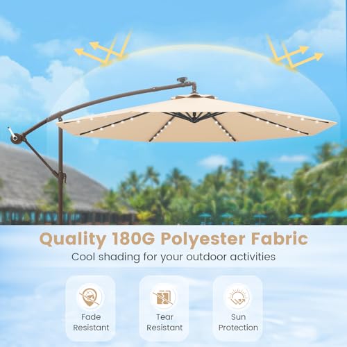 Tangkula 10FT Offset Patio Umbrella with Base Included, Outdoor Cantilever Umbrella with 40 Solar LED Lights, Tilt Adjustment, Crank Handle, Vented Top, Sand Bags for Pool Yard Deck (Beige) - color: Beige