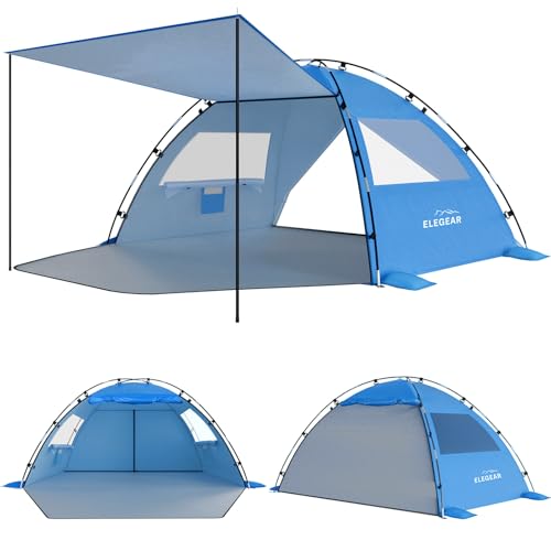 Elegear CumbreX™ Beach Tent Sun Shelter with Canopy, 4-5 Person Pop Up Beach Tent Cabana, Easy Setup UPF 50+ UV Protection Portable Lightweight Double Silver Coating Sun Shade Shelter - Dark Blue - color: Dark Blue, size: 4-5 Person