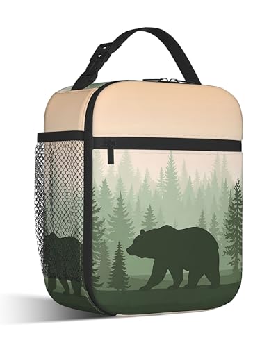 Insulated Lunch Bag,Forest Bear Durable Lightweight Lunch Box for Kids,Green Animal Portable Thermal Picnic Cool Bags Girls Boys School Daycare,Work,Camping - color: Forest Bear