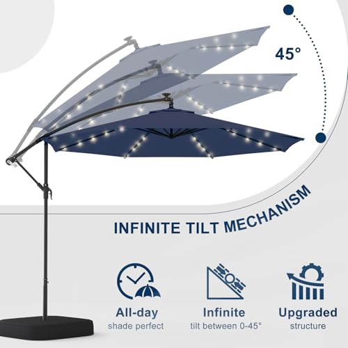 10FT 40-LED Solar Lighted Patio Umbrella with Base Included, Outdoor Offset Cantilever Umbrella, Infinite Tilt, UV Protection for Backyard, Lawn, Garden & Pool - color: Navy Blue, size: 10FT 40LED w/Base (Offset Umbrella)