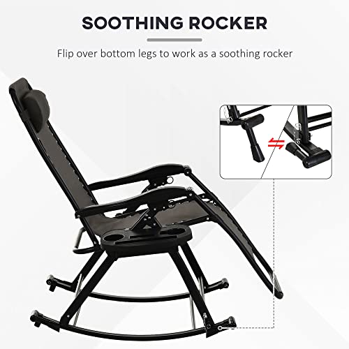 Outsunny Outdoor Rocking Chairs, Foldable Reclining Zero Gravity Lounge Rocker with Pillow, Cup & Phone Holder, Combo Design with Folding Legs, Gray - color: Grey, size: 1 Pack