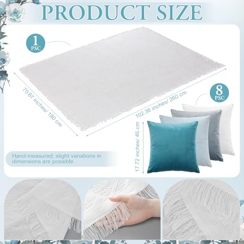 Moukeren 10 Pcs 71''x102'' Extra Large White Outdoor Boho Picnic Blanket with Table Runner 8 Blue Throw Pillow Cover Oversized Washable Portable Beach Blanket for Valentine Picnic Camp Lawn Wedding - color: Blue