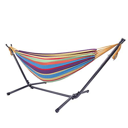 Double Hammock with Steel Stand, Adjustable Hammock Bed,Portable Outdoor Polyester Hammocks Set,2-Person Heavy-Duty Hammocks for Camping Garden Backyard Patio,250lbs Capacity (Colorful) - color: Colorful