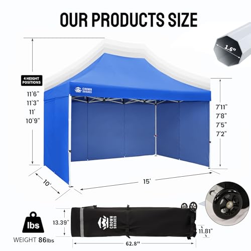 CROWN SHADES 10x15 Pop Up Canopy Tent, Thicken Frame Commercial Heavy Duty Tent, with 4 Sidewalls 8 Stakes & 4 Sandbags & 4 Ropes, Outdoor Canopies for Events, Parties,Blue - color: Blue, size: 10x15 Heavy Duty