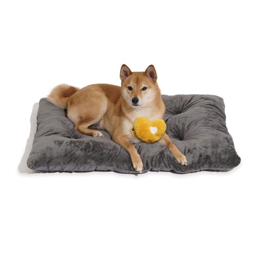 FUNNY FUZZY Washable Dog Crate Pad 35.4x22.8, Double-Sided Cooling Linen & Sherpa, Flat Crate Mat/Kennel Pad, Rectangle Dog Bed for Medium/Large Dogs & Cats, Charcoal Grey - color: Grey, size: 35"× 23" Large