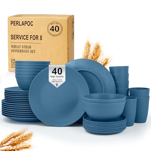 40-Piece Wheat Straw Dinnerware Sets,Unbreakable Dishes Set for 8 - Drinking Cups, Plates and Bowls Sets, Reusable Microwave Safe Dinnerware Set for Home, Outdooor, RVs - Blue - color: Blue, size: 40 PCS