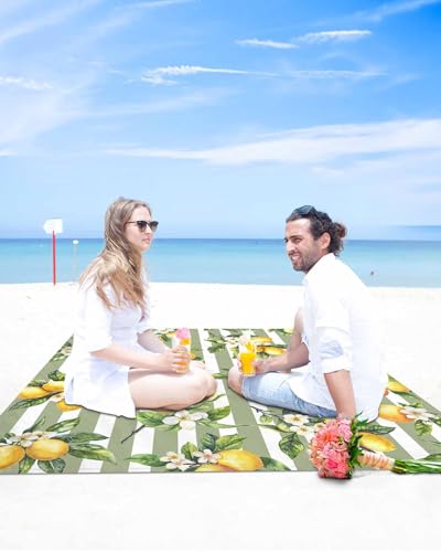 Lemon Beach Blanket Waterproof Sandproof 83"x79", Summer Sage Green Stripes Oversized Beach Mat with 4 Corner Sand Pocket & 4 Stakes, Compact Outdoor Picnic Mat for Camping Travel Festivals - color: Green, size: 83"x79"
