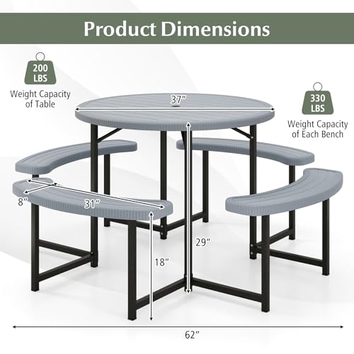 Byroce 8-Person Picnic Table for Outdoors, HDPE Picnic Table Set with 4 Benches, Umbrella Hole & Metal Frame, Heavy Duty Round Dining Table Chairs for BBQ Party in Patio, Yard & Poolside (Gray) - color: Grey