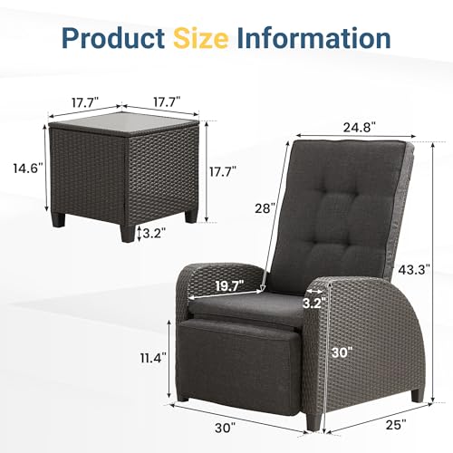 Green4ever Outdoor Patio Recliner with Adjustable Backrest and Footrest, All-Weather Wicker Patio Chair with Side Table, 160° Lay Flat Patio Reclining Lounge Chair for Garden Backyard, Grey - color: Grey, size: 2 Pieces
