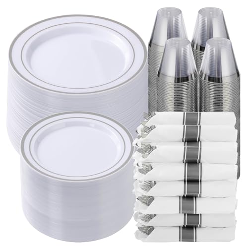 Goodluck 700 Piece Silver Plastic Dinnerware Set for 100 Guests, Disposable Plates for Party, Include: 100 Dinner Plates, 100 Dessert Plates, 100 Pre Rolled Napkins with Silverware, 100 Cups - color: Silver, style: 700 Piece (100 guests)