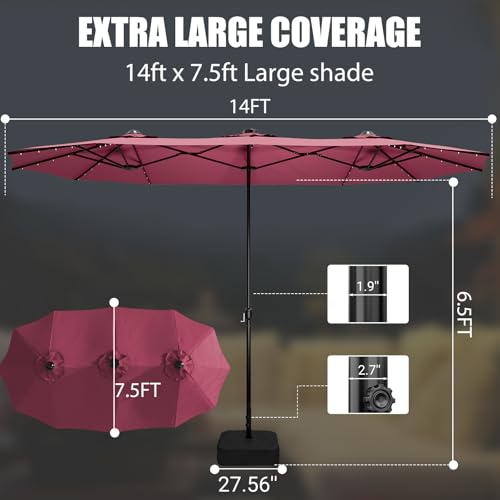 LEVELEVE 15FT Double-Sided Patio Umbrella with Base Included, Large Outdoor Rectangular Market Umbrella for Backyard, Poolside, Lawn & Garden,Red - color: Dark Red, size: 15FT
