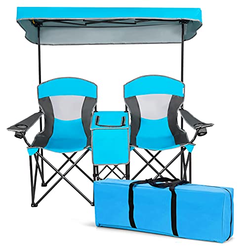 DORTALA Double Camping Chair with Canopy, 2 Person Folding Beach Chair with Canopy Shade, Table Beverage Holder and Storage Bag, Double Rocker Chair Outdoor for Camping, Beach, Picnic, Blue - color: Blue