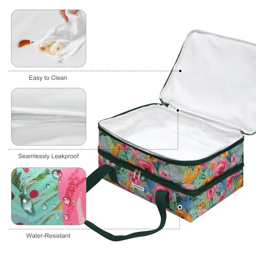 Double Decker Insulated Casserole Carrier, Expandable Thermal Food Warmer Bag Fits 9x13 Dish, Leak-Proof Potluck Lasagna Holder with Utensil Pocket for Picnic Party Cookout (Green Floral) - color: Green Floral