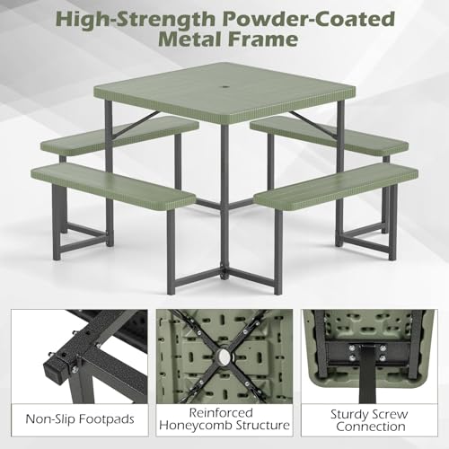 Byroce Outdoor Picnic Table for 4-8 Person, HDPE Picnic Camping Table Set with 4 Benches, Umbrella Hole & Metal Frame, Heavy Duty Square Dining Table Chairs for BBQ in Patio, Yard & Poolside (Green) - color: Green