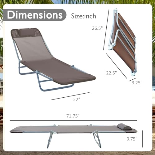 Majnesvon Folding Chaise Lounge Chair, Pool Sun Tanning Chair, Outdoor Lounge Chair with 5-Position Reclining Back, Breathable Mesh Seat, Headrest for Beach, Yard, Patio(Brown) - color: Brown