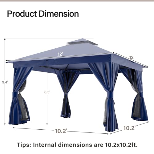 LAUSAINT HOME 12'x12' Outdoor Patio Gazebo, Heavy Duty Party Tent & Shelter with Double Roofs, Mosquito Nettings and Privacy Screens for Backyard, Garden, Deck (Navy Blue) - color: Navy Blue, size: 12'x12'