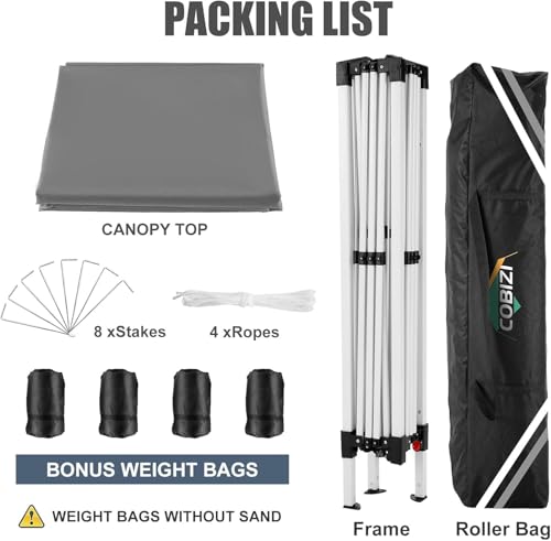 COBIZI 10x10 Pop Up Canopy Tent with 4 Sandbags, Easy Set Up Gazebo, Instant Outdoor Sun Shelter with 8 Stakes,4 Ropes&Carry Bag, Tent for Parties, Beach, Backyard,Camping(Gray - color: Gray, size: 10x10FT without sidewall