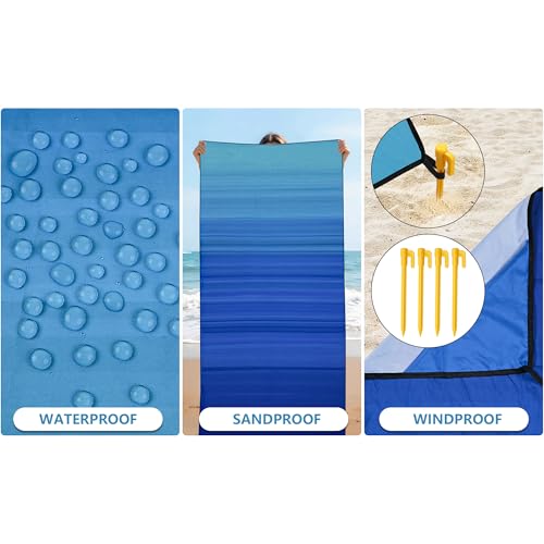 AISPARKY Pocket Beach Blanket Waterproof Sandproof Compact Picnic Mat with Sand Remover, Portable Outdoor Mat for Camping Hiking Travel Festival - color: Striped Blue Green Gradient, size: 39" X 79"