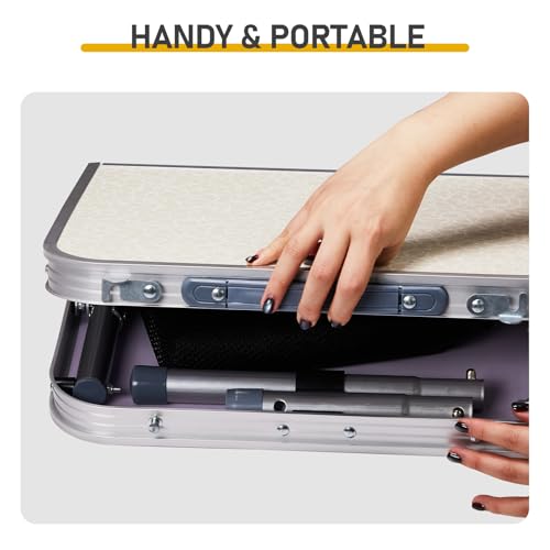 2FT Portable Folding Camping Table with 3 Adjustable Heights – Lightweight Aluminum Picnic & Patio Side Table with Mesh Shelf & Carry Handle for Outdoor Indoor Use, White