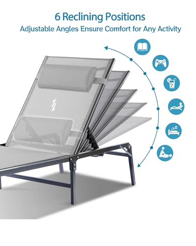 Foldable Chaise Lounge Chair with Cup Holder, Assemble-Free Outdoor Lounge Chair with Detachable Pillow and 6 Adjustable Backrest, Patio Lounge Chair for Outside Poolside Beach Pool, Grey - color: Grey, size: 1-Pack