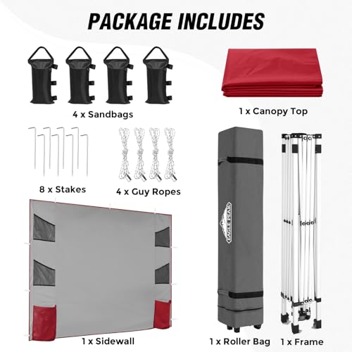 EAGLE PEAK Commercial Canopy 10x10 with Sidewall Storage, Easy OnePerson Setup Pop Up Canopy Tent with Roller Bag, Stakes, Ropes, and Weight Bags, Red - color: Red