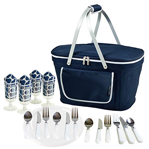 Picnic at Ascot Patented Collapsible Insulated Picnic Basket Equipped with Service For 4- Designed and Assembled in USA - color: Navy/Trellis Blue