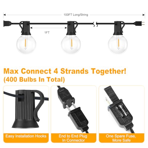 Bosceos 100FT 104 Bulbs G40 LED Globe String Lights, Dimmable Waterproof Shatterproof Patio Lights, Connectable Commercial Hanging Light for Patio House Backyard Balcony Party Bistro - color: Black, size: 100FT-100 Sockets-Warm White